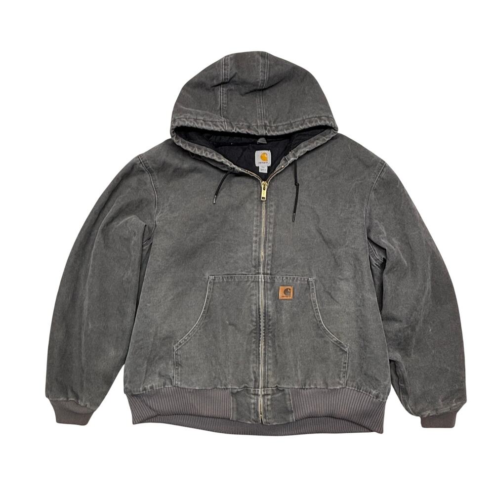 Carhartt J130 GVL Hoodie 2XL Gray Washed Duck Canvas Quilted Lined Workwear